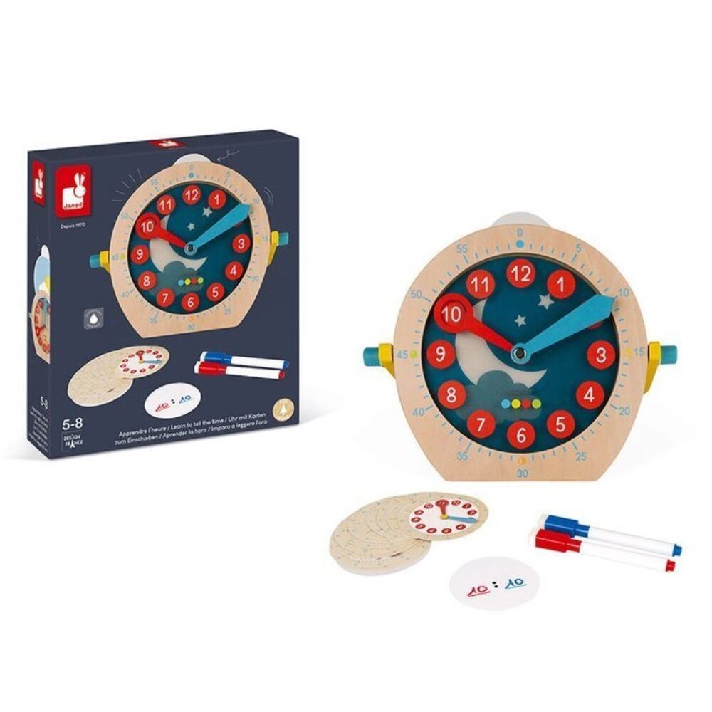 Janod  Wooden Clock Toy -Learn To Tell The Time w/Accessories New Sealed Age 5+